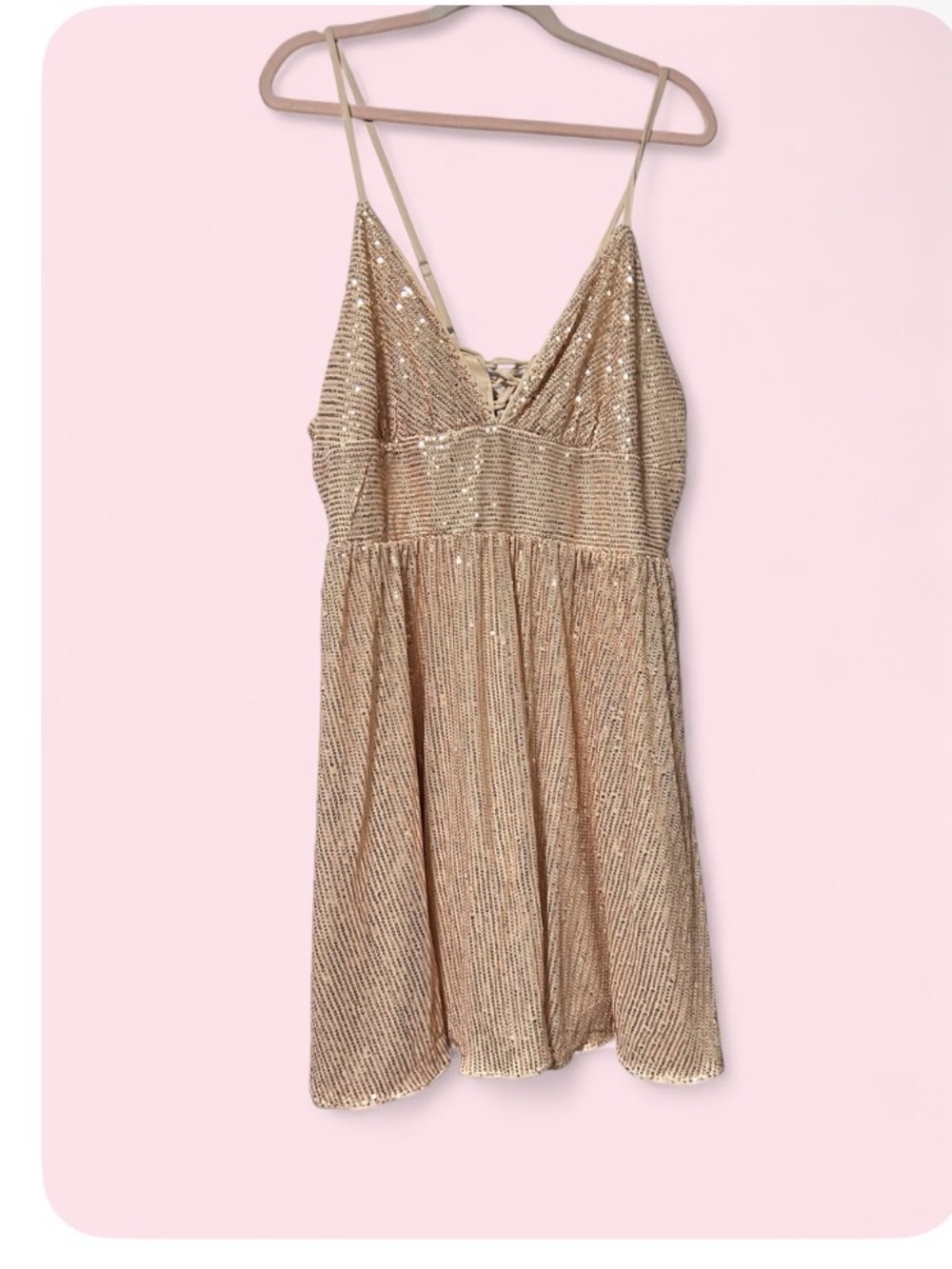 NWT PlusSize Gold Sequin Homecoming Dress with Spaghetti Straps & Corset Back-3X